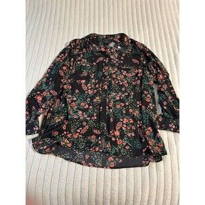 NWT Investment Woman Floral ButtonUp Blouse Women 3XL Black plus Workwear Office